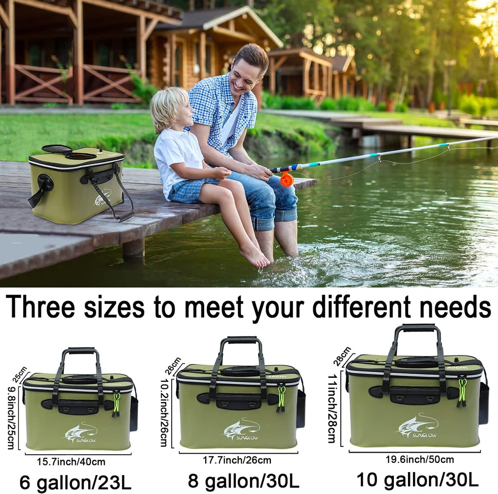 Fishing Bucket,Foldable Fish Bucket, Multi-Functional EVA Fishing Bag for Outdoor, Live Fish Lures Bucket and Fish Protection Bucket,10Gal/8Gal/6Gal/4.8Gal/3Gal Live Fish Container (10Gal/Armygreen)