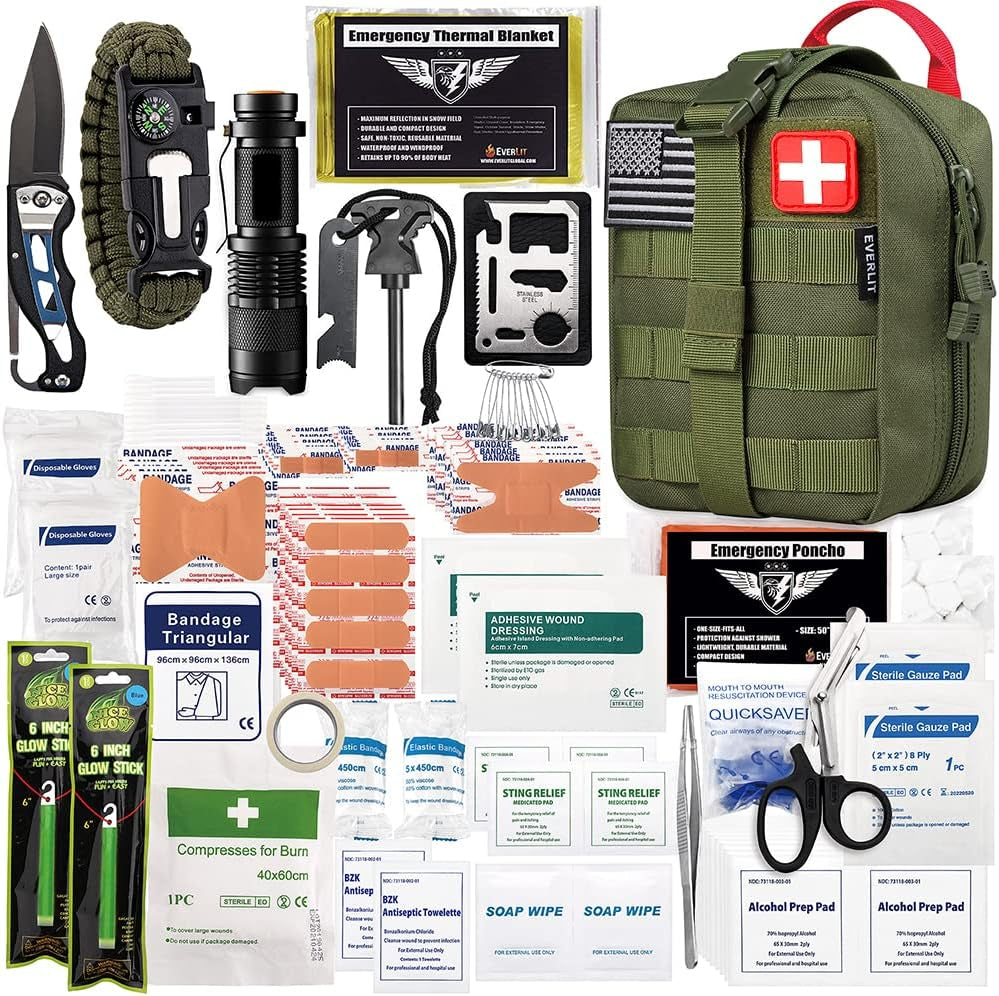 250 Pieces Survival First Aid Kit IFAK EMT Molle Pouch Survival Kit Outdoor Gear Emergency Kits Trauma Bag for Camping Boat Hunting Hiking Home Car Earthquake and Adventures